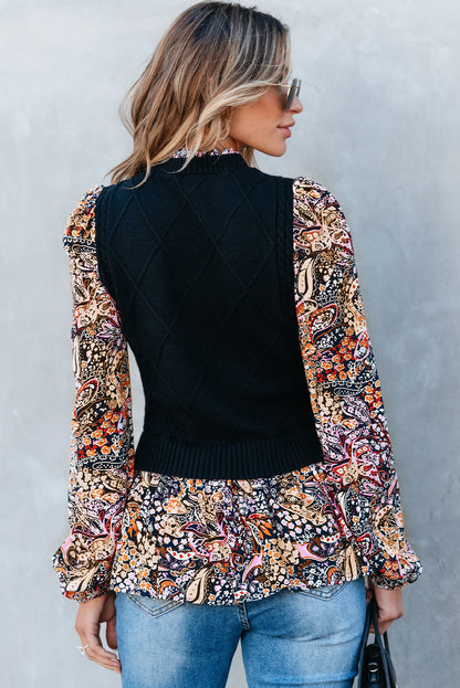 Contrast Floral Sleeve Peplum Sweater | Black