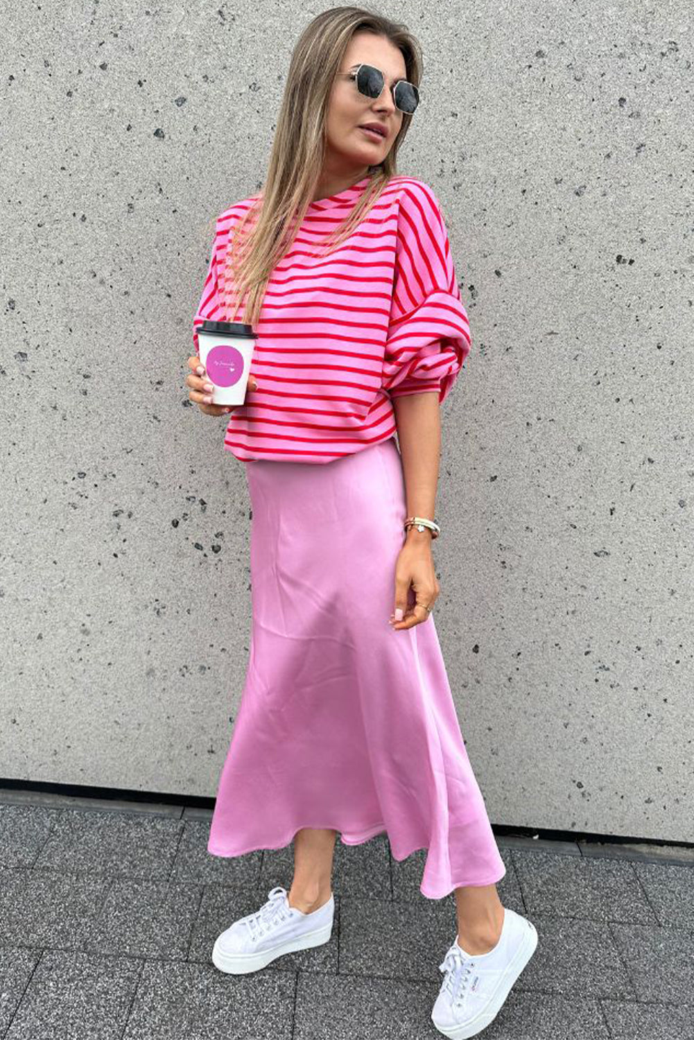 Striped Print Crew Neck Drop Shoulder Sweatshirt | Sachet Pink