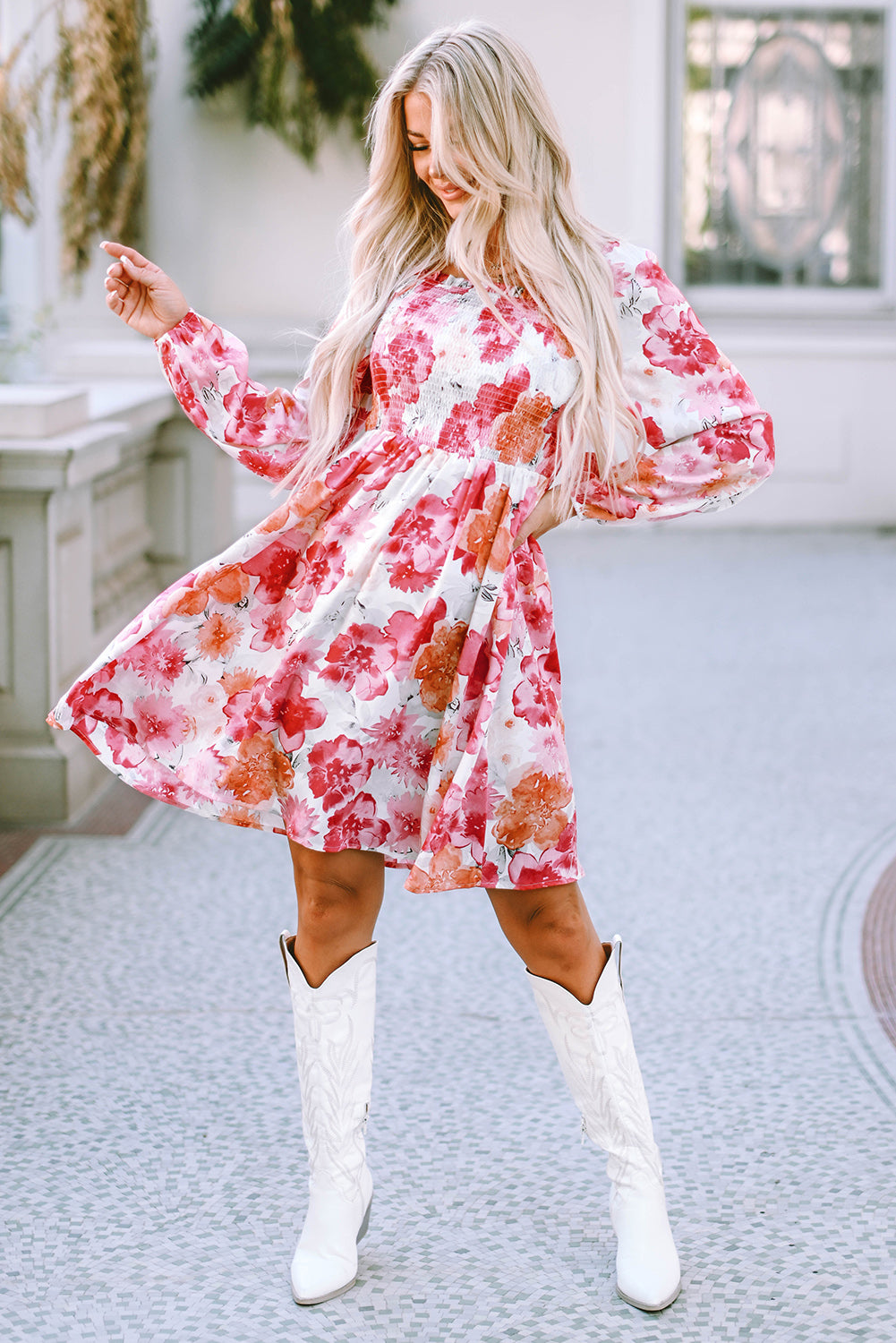 Floral Print Smocked Puff Sleeve Mini Dress | White