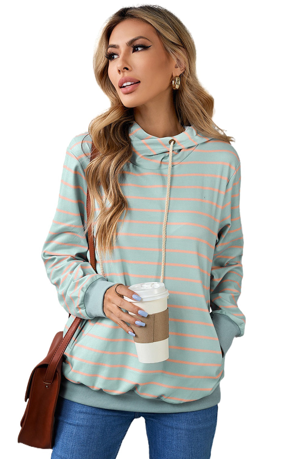 Striped Turtleneck Hoodie With Pocket | Green