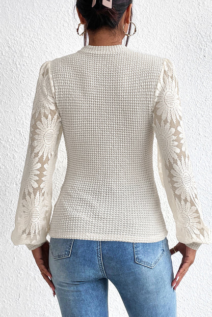 Sunflower Mesh Bubble Sleeve Waffle Knit Top | Beige