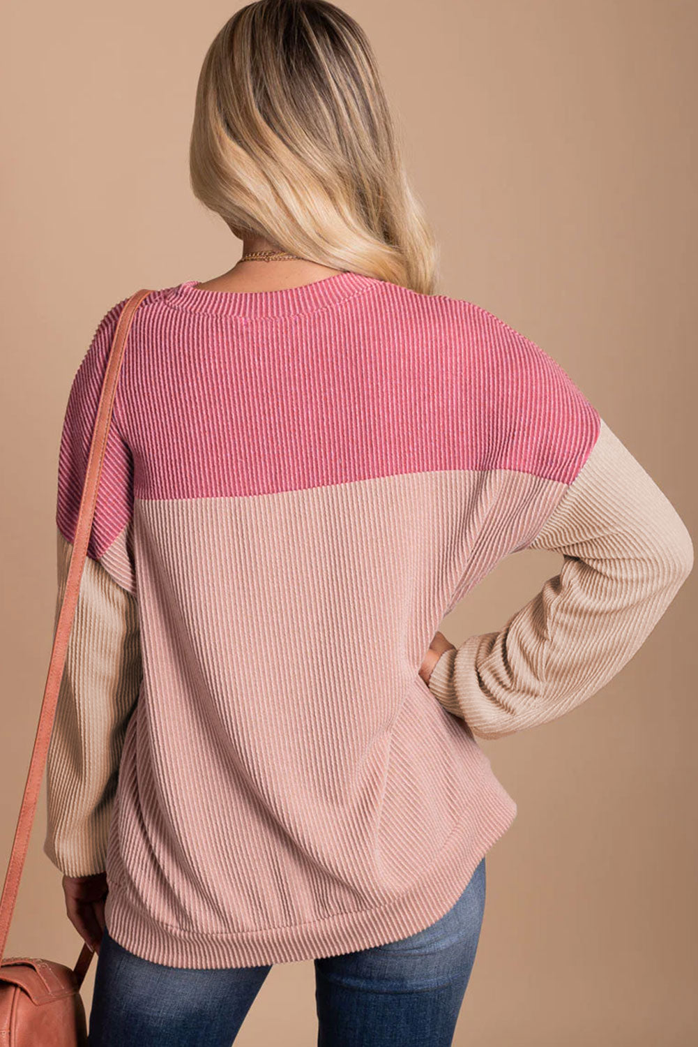 Colour Block Long Sleeve Ribbed Loose Top | Pink