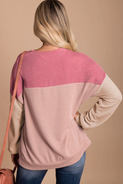 Colour Block Long Sleeve Ribbed Loose Top | Pink