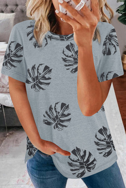 Gray Crew Neck Tropical Plants Print T-shirt