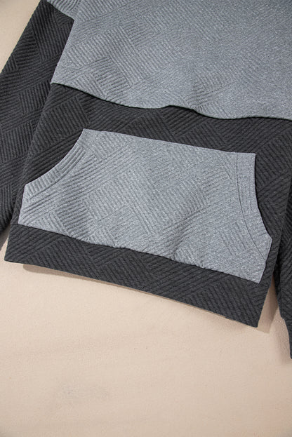 Textured Colour Block Kangaroo Pocket Drop Shoulder Hoodie | Gray