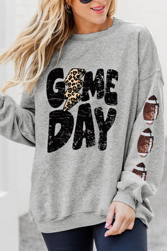 Gray GAME DAY Sequin Rugby Football Drop Shoulder Sweatshirt