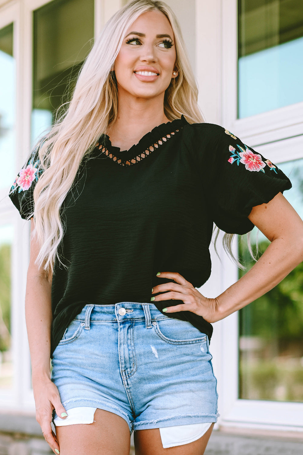 Floral Embroidered Bubble Sleeve Frill V Neck Top | Black