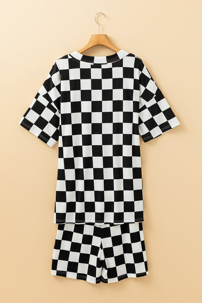 Checkerboard Print V Neck Loose Tee And Shorts Lounge Set | Black