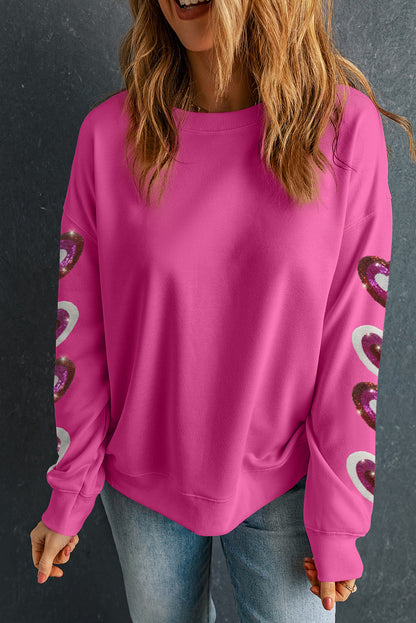 Sequined Heart Patched Drop Shoulder Valentines Sweatshirt | Bonbon