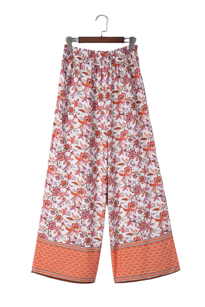 Fiery  Floral Print Shirred High Waist Wide Leg Pants | Red