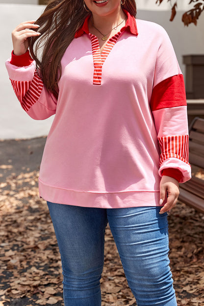 Striped Patchwork Side Split Collared Plus Size Sweatshirt | Rose