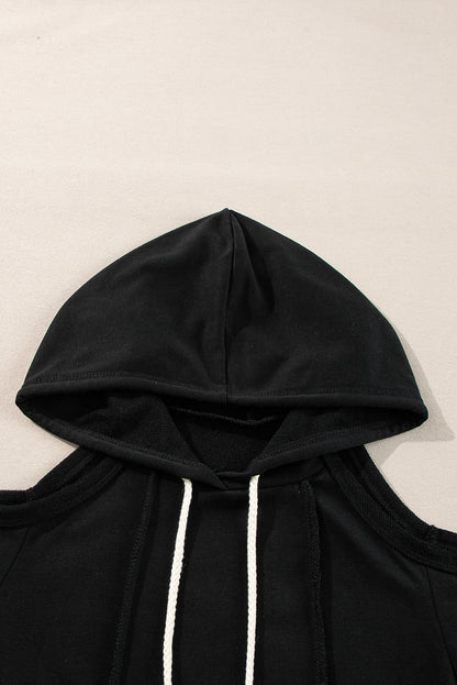 Exposed Seam Cold Shoulder Drawstring Hoodie | Black