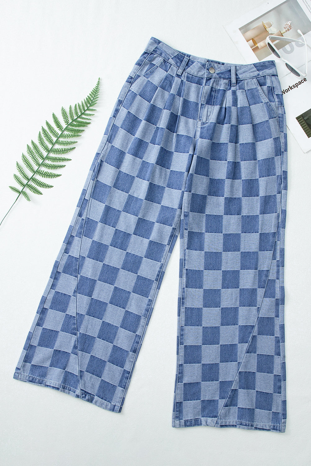 Checkered Denim Wide Leg Jeans | Dusk Blue