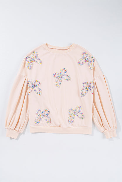 Embroidered Bow Lantern Sleeve Oversized Pullover Sweatshirt | Parchment