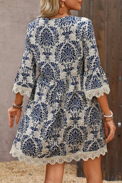 Vintage Printed Lace Trim V Neck 3/4 Sleeve Loose Dress | Sky Blue