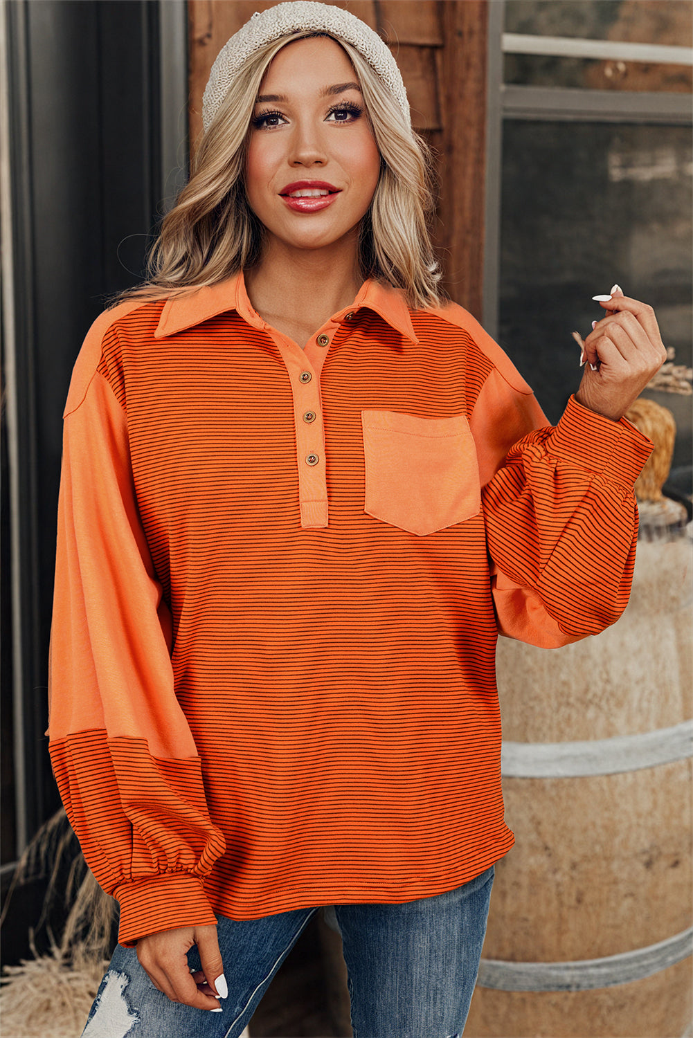 Exposed Seam Henley Turn-Down Neck Puff Sleeve Sweatshirt | Orange Stripe