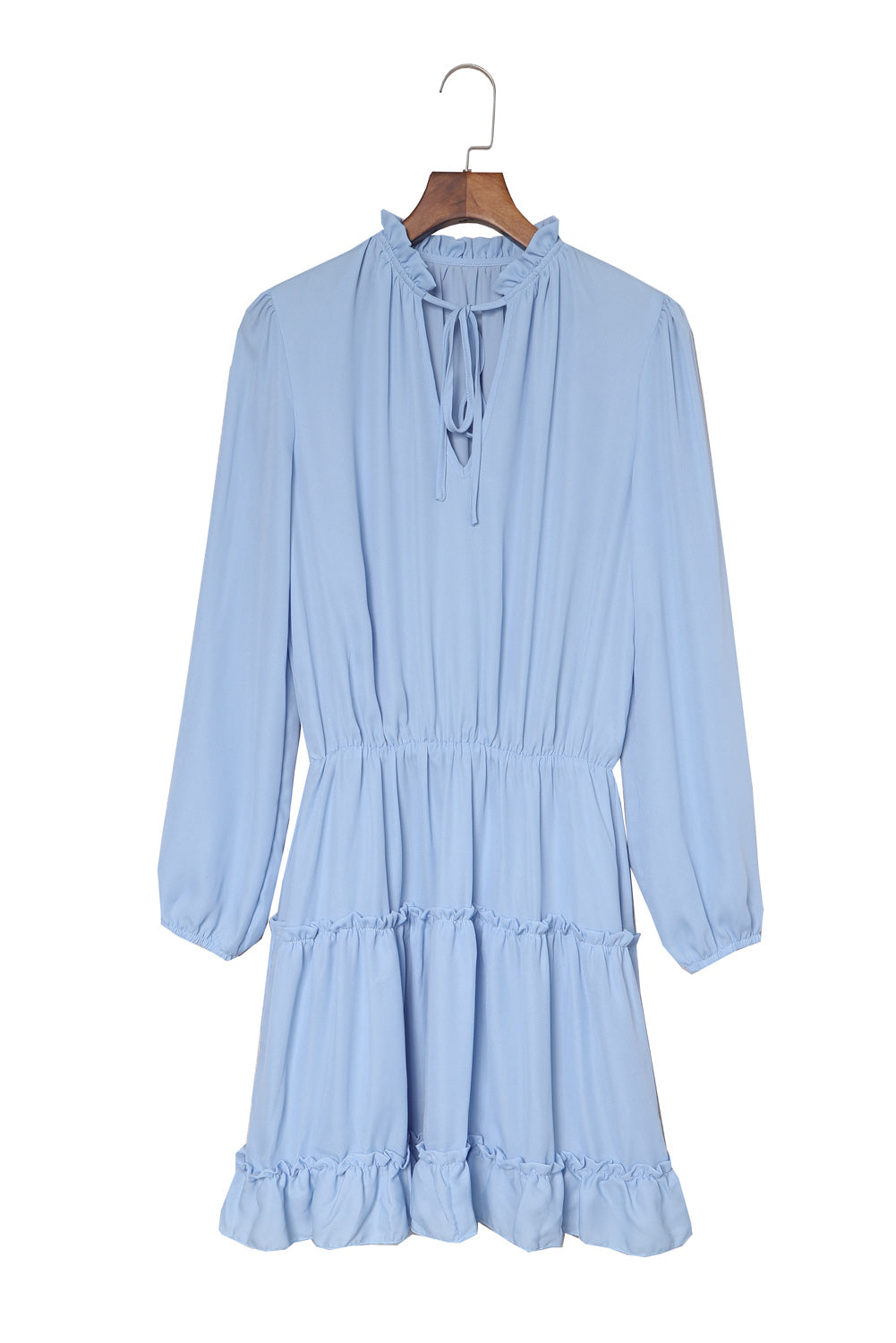 Light Blue V Neck Long Sleeve Ruffle Tiered Mini Dress | Sky Blue