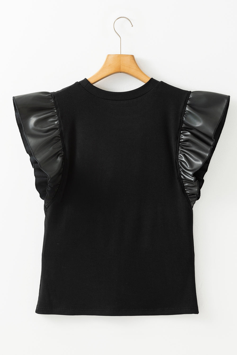 Leather Ruffle Sleeve Patchwork Round Neck Blouse | Black