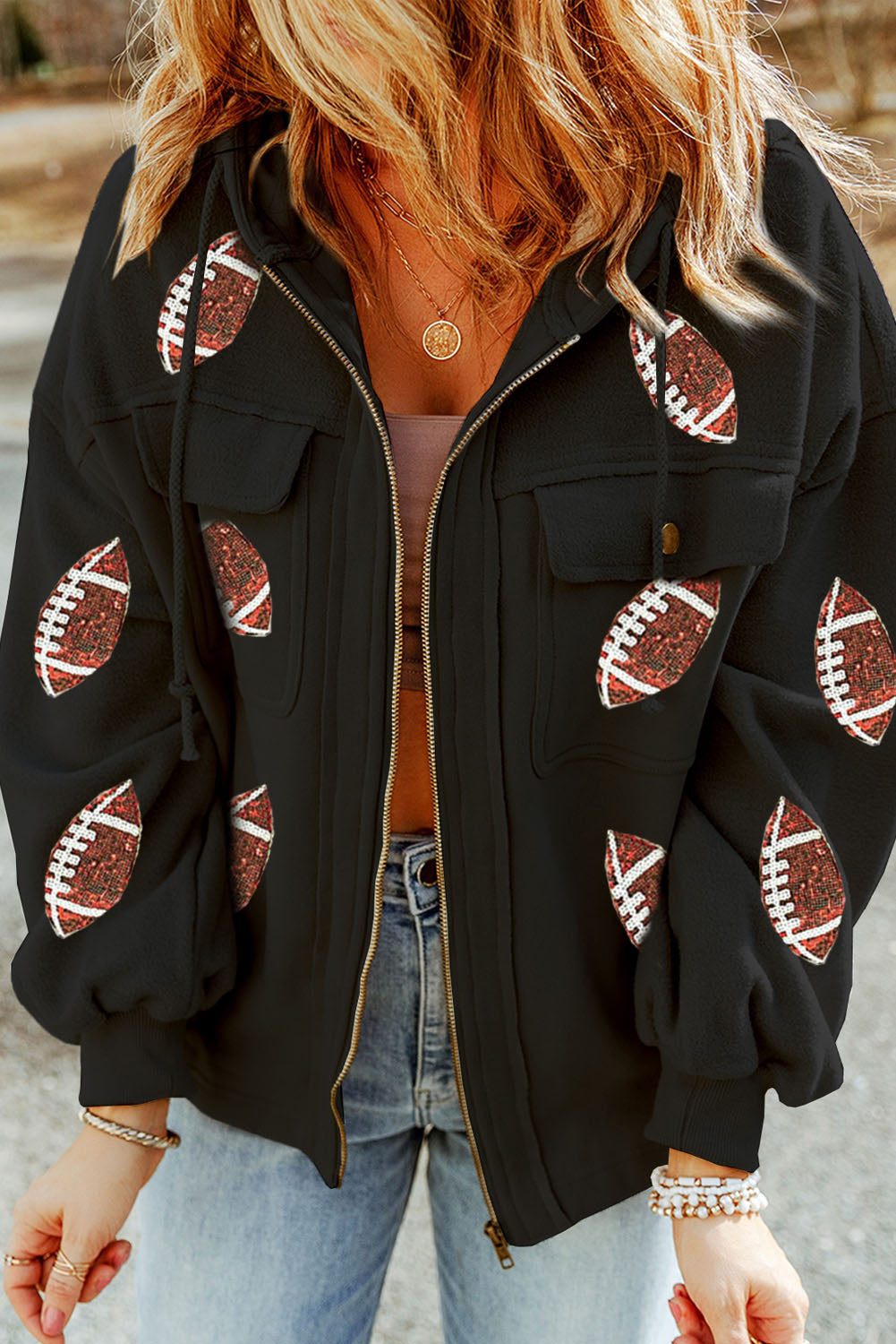 Sequined Rugby Football Pattern Pocketed Zipper Hooded Jacket | Black