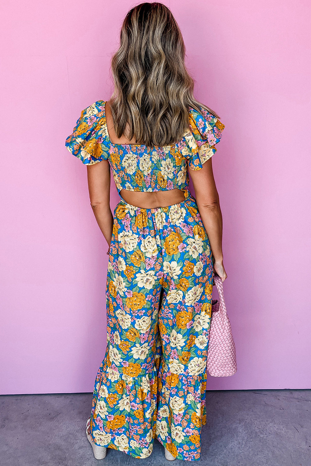 Floral Allover Print Shirred Cut Out High Waist Jumpsuit | Yellow