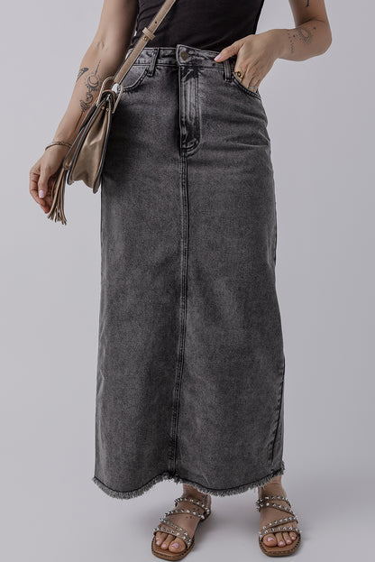 Denim Raw Hem Back Split High Waist Long Skirt | Dark Grey