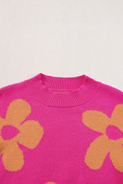 Big Flower Pattern Mock Neck Long Sleeve Sweater | Rose