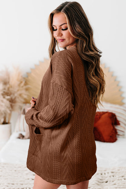 Solid Textured Open Front Cardigan With Pocket | Coffee