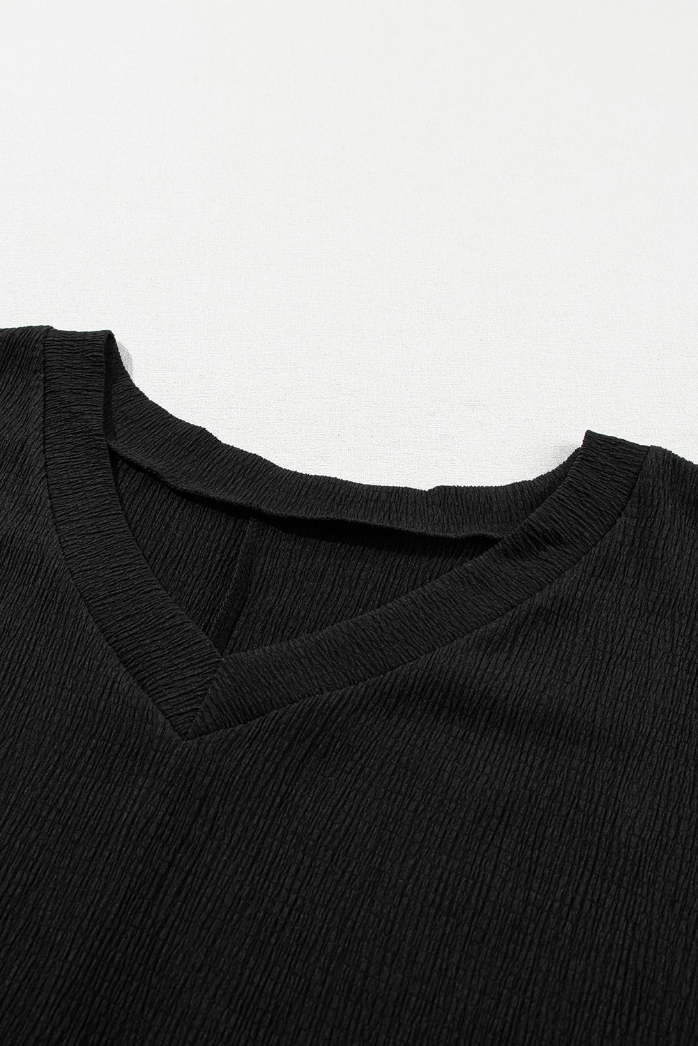 Crinkled V Neck Wide Sleeve T-Shirt | Black