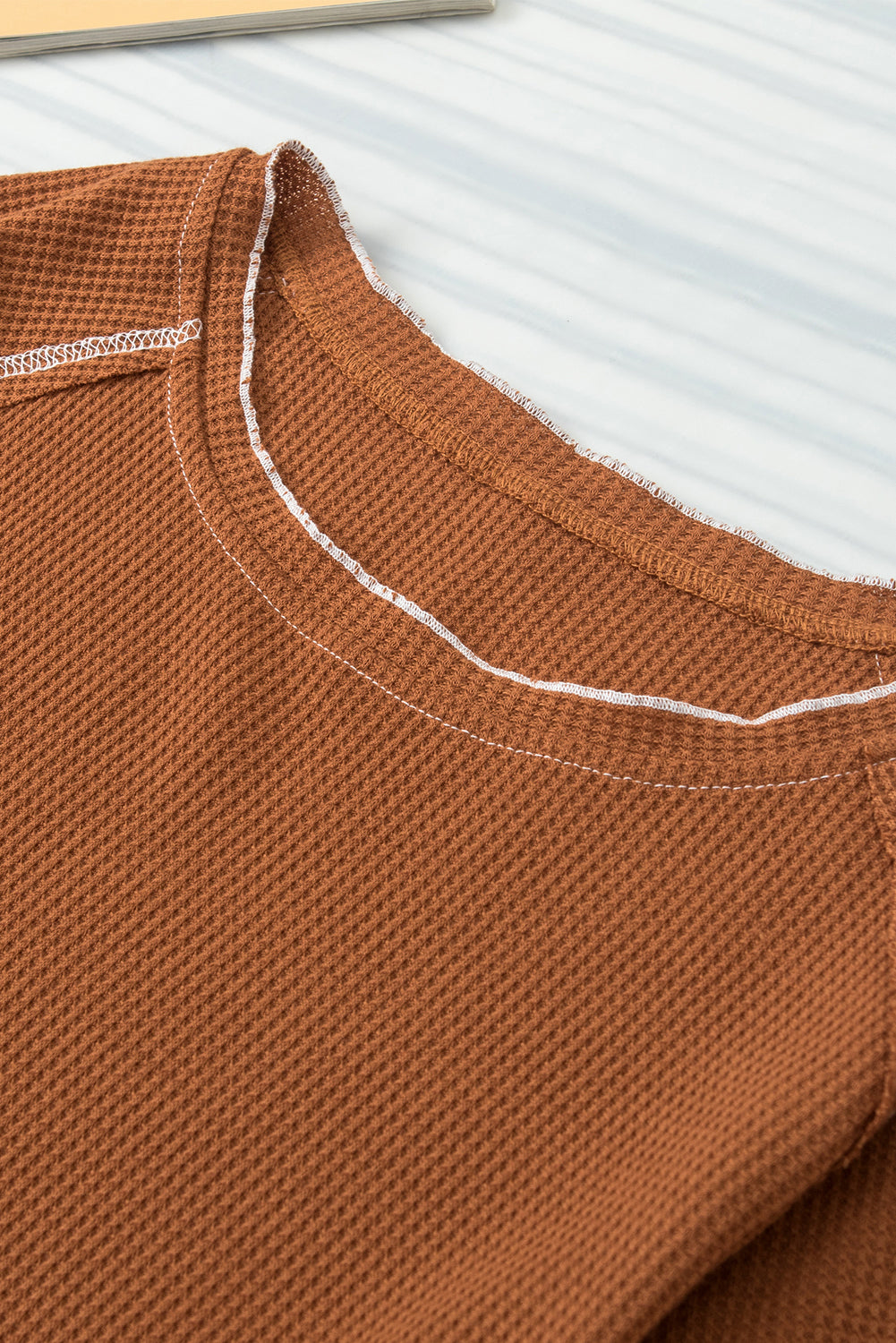 Contrast Seam Frilly Edge Waffle Knit T-Shirt | Chestnut