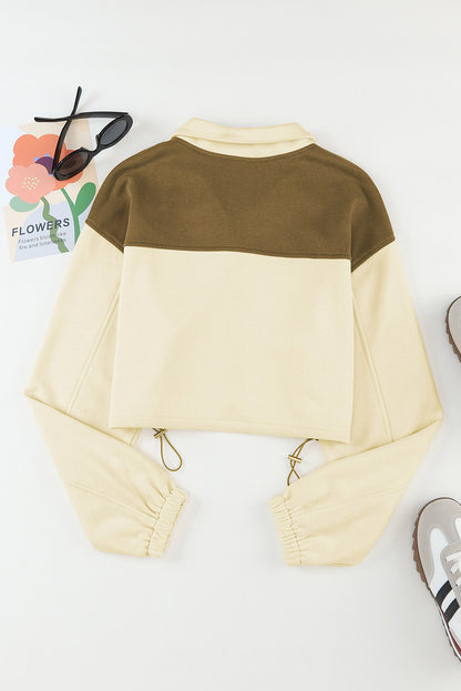 Colour Block Drawstring Cropped Athleisure Jacket | Beige