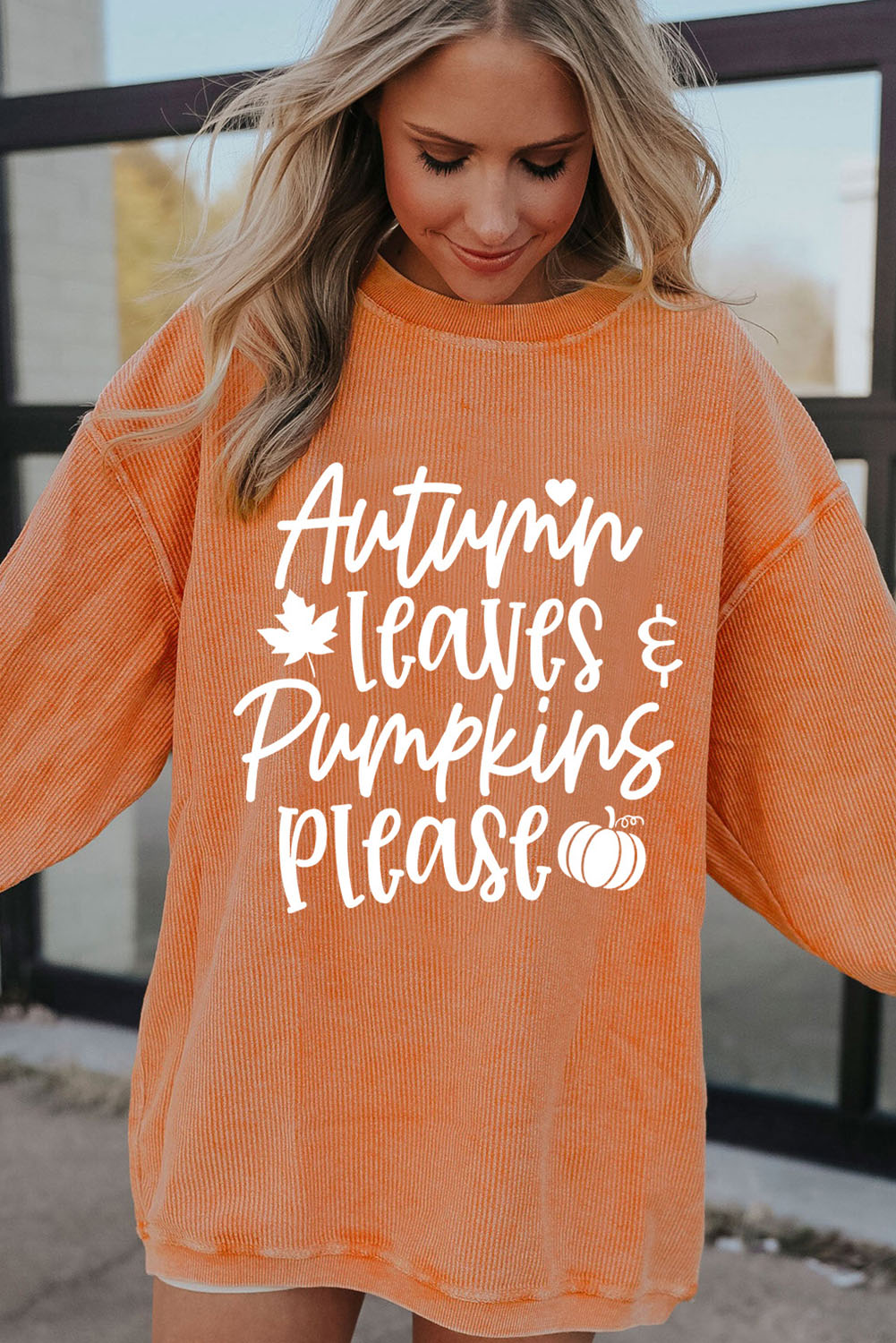 Autumn Leaves Pumpkins Please Ribbed Oversized Sweatshirt | Orange