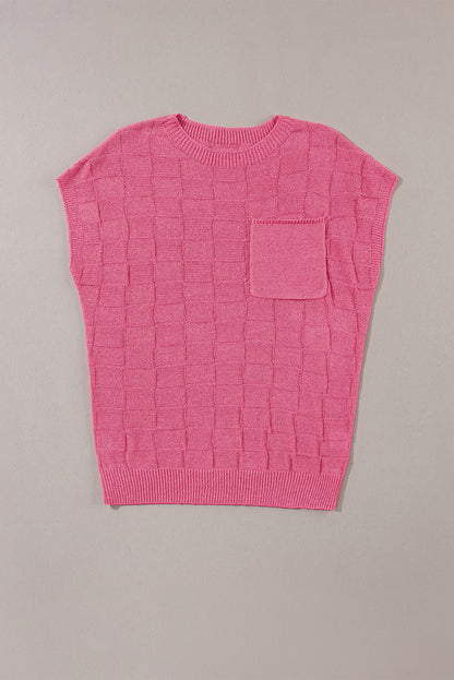 Lattice Textured Knit Short Sleeve Sweater | Bright Pink