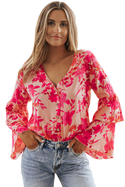 Floral Print Tiered Bell Long Sleeve Buttoned Bodysuit | Pink