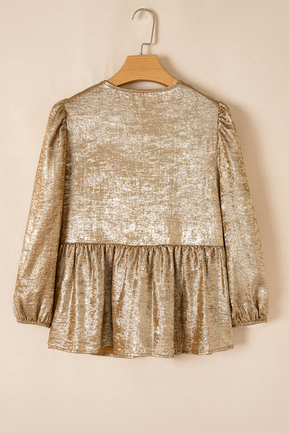 Bow Tie Front Puff 3/4 Sleeve Ruffle Hem Blouse | Gold