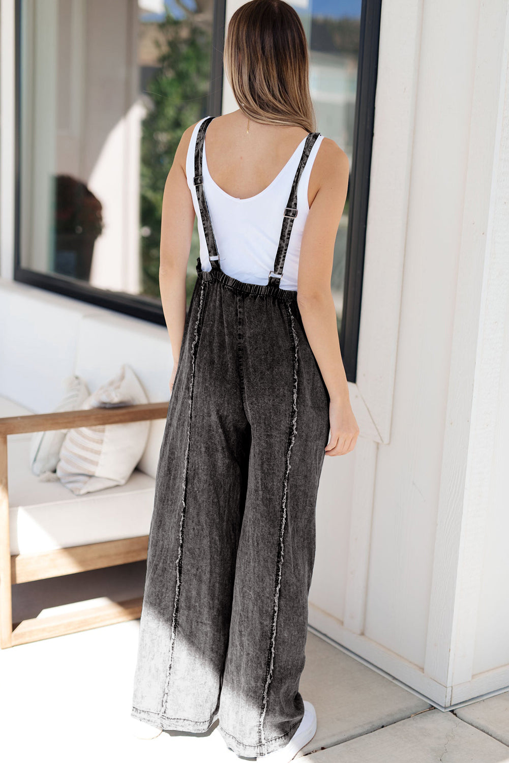 Light Wash Frayed Exposed Seam Wide Leg Denim Overall | Dark Grey