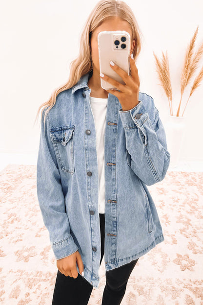 Acid Wash Flap Pocket Boyfriend Shacket | Sky Blue