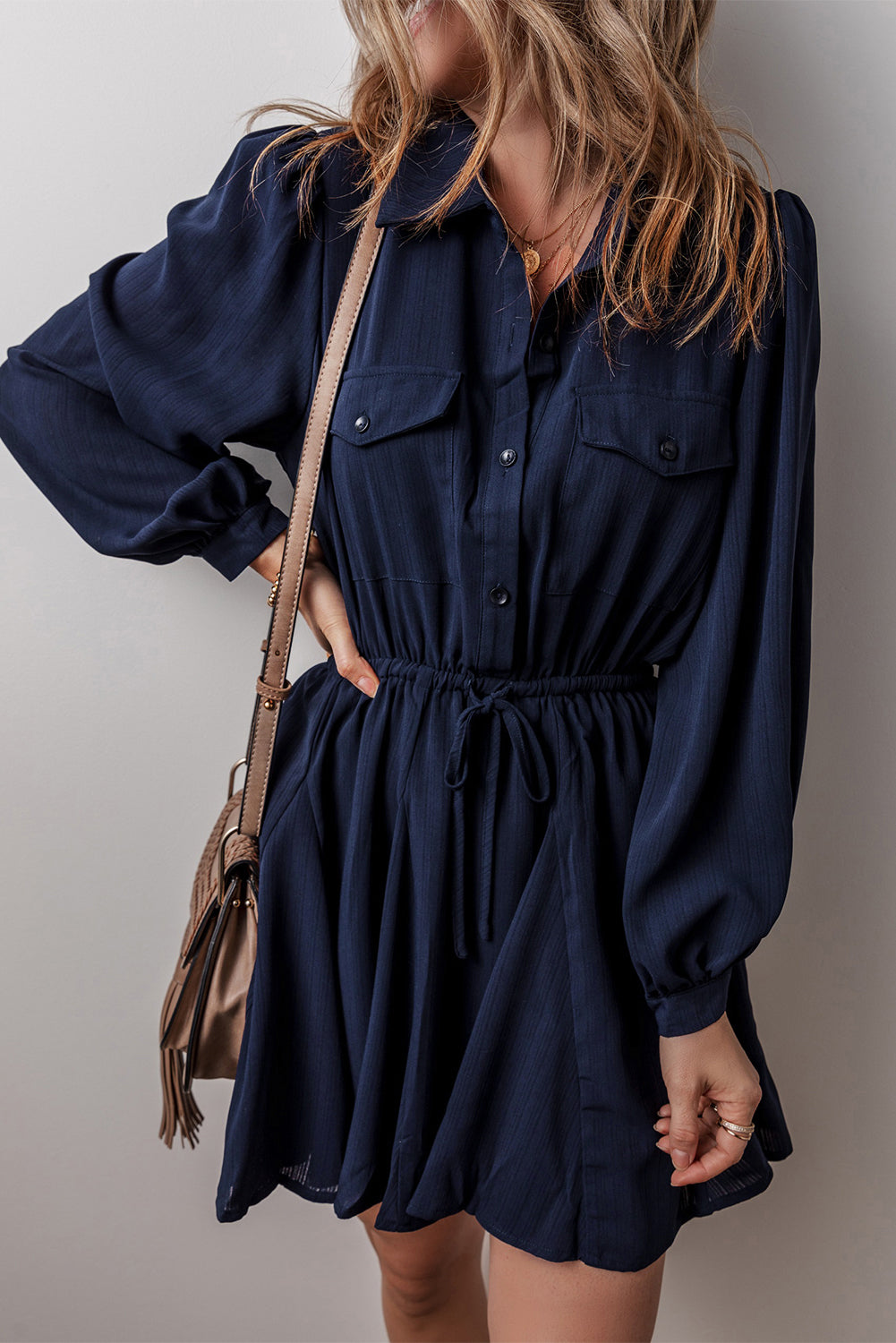 Solid Chest Pockets Tunic Shirt Mini Dress | Navy Blue