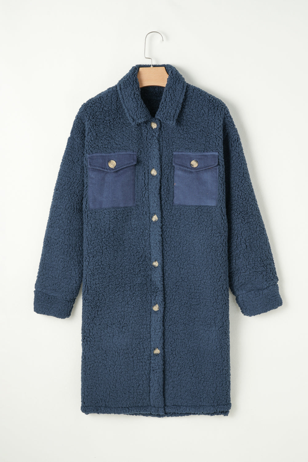 Contrast Flap Pocket Single Breasted Teddy Coat | Blue