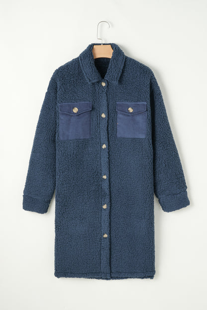 Contrast Flap Pocket Single Breasted Teddy Coat | Blue