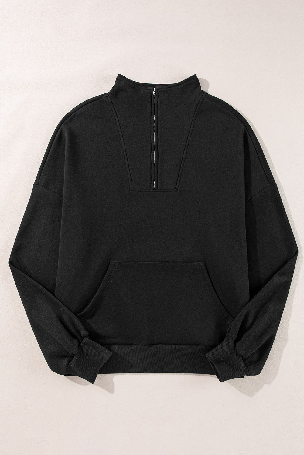 Zip-Up Stand Neck Kangaroo Pocket Sweatshirt | Black