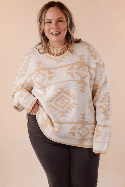 Plus Size Western Aztec Print Loose Sweater | Apricot