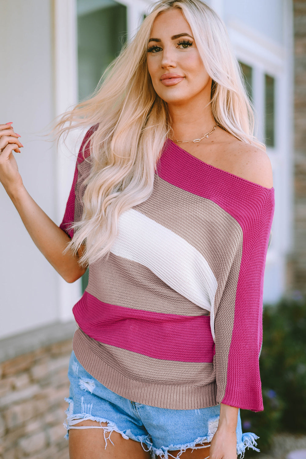 Contrast Stripe Knit Half Sleeve Sweater | Rose