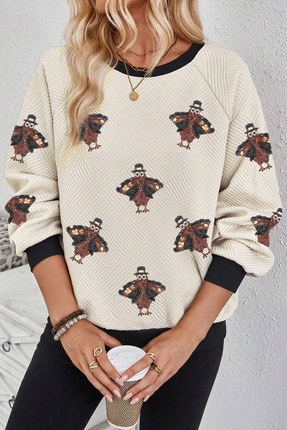 Jet Stream Textured Colorblock Edge Sequin Turkey Graphic Long Sleeve Top