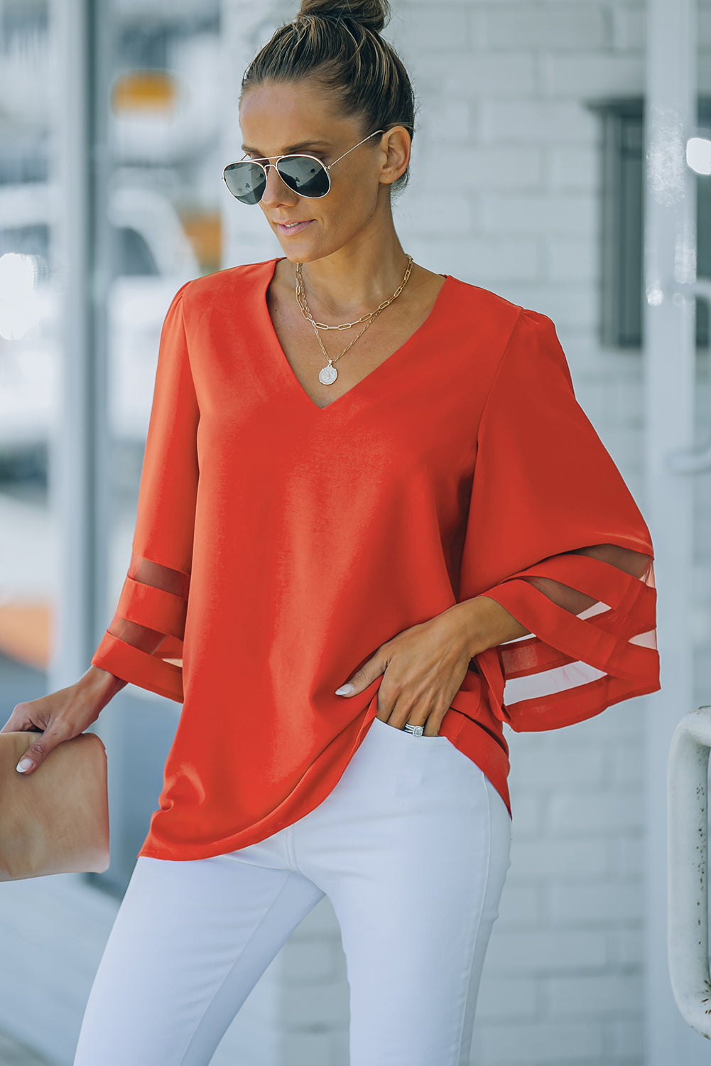 Fiery  Flare Sleeve V Neck Loose Blouse | Red