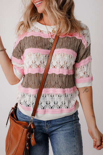 Colour Block Hollow Out Crochet Half Sleeve Sweater | Brown Stripe