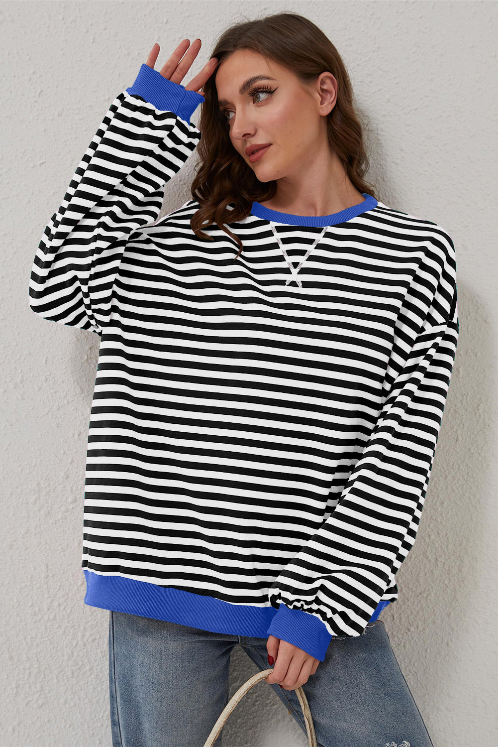 Oversized Contrast Trim Pullover Sweatshirt | Black Stripe