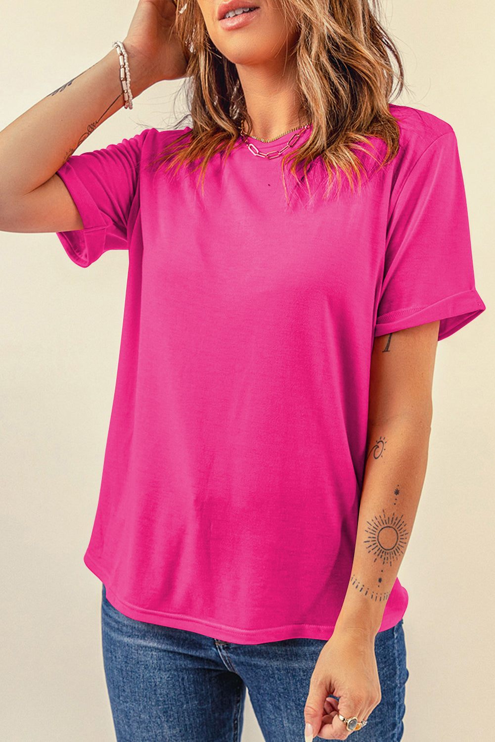 Rose Red Casual Plain Crew Neck Tee