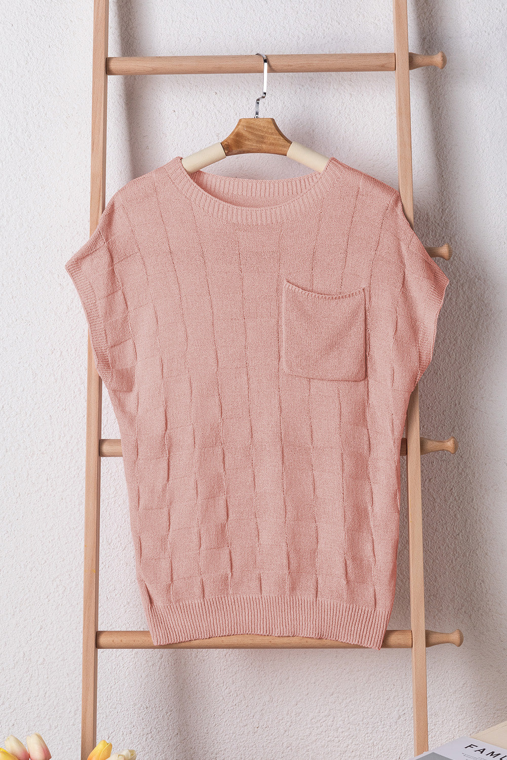 Lattice Textured Knit Short Sleeve Sweater | Dusty Pink