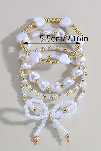 Bow Knot Heart Shape Faux Pearl Beaded Bracelet Set | White