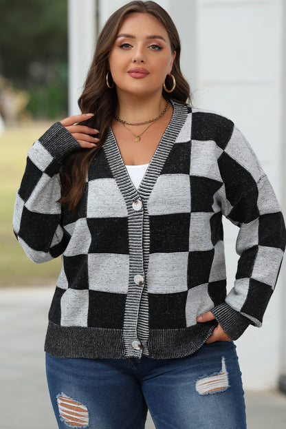 Checkered Drop Shoulder Buttoned V Neck Cardigan | Black